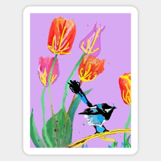 Abstract Blue Wren and Tulips Painting - on Lilac Sticker